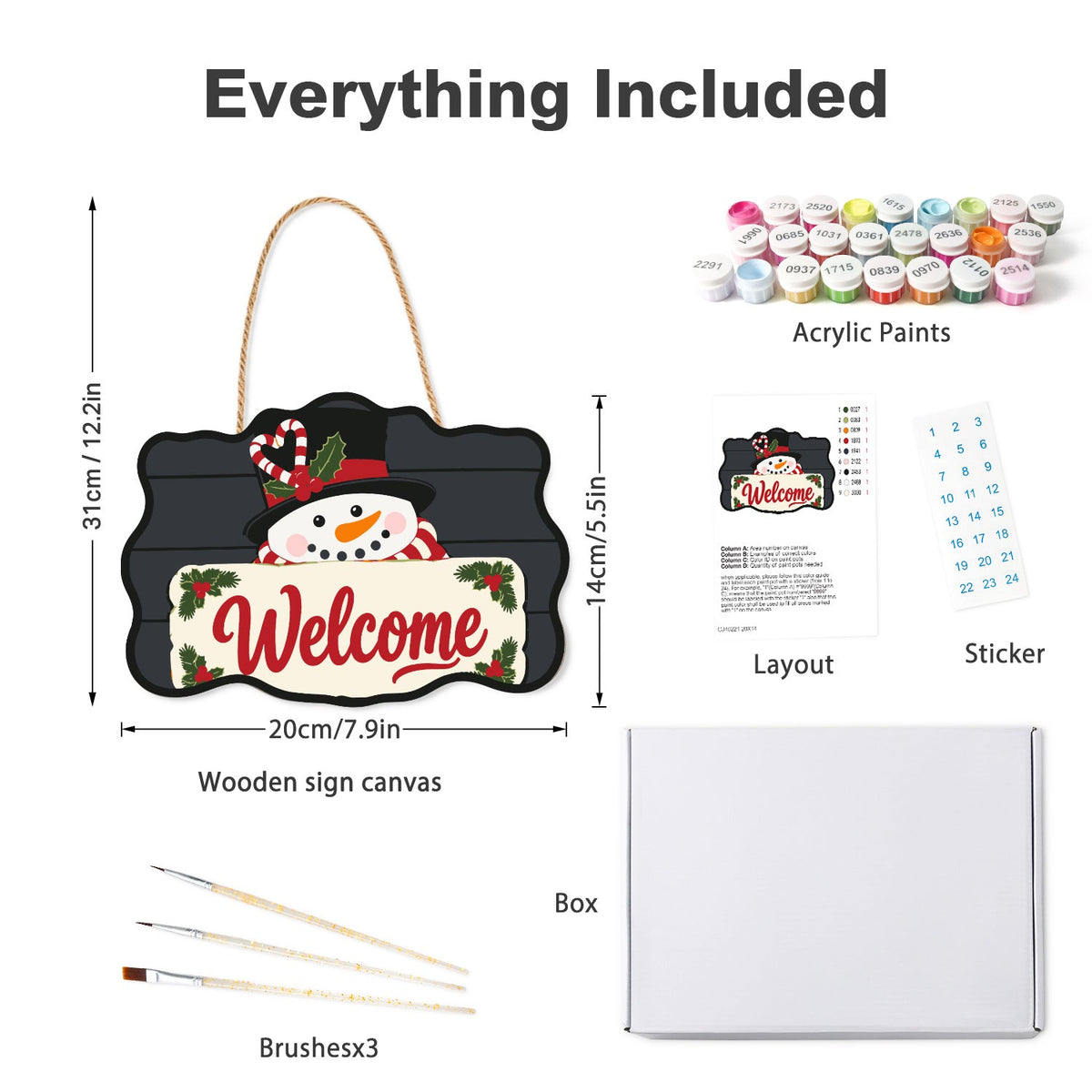 Wooden hanger kit with acrylic paints, three brushes, reference layout, stickers and box