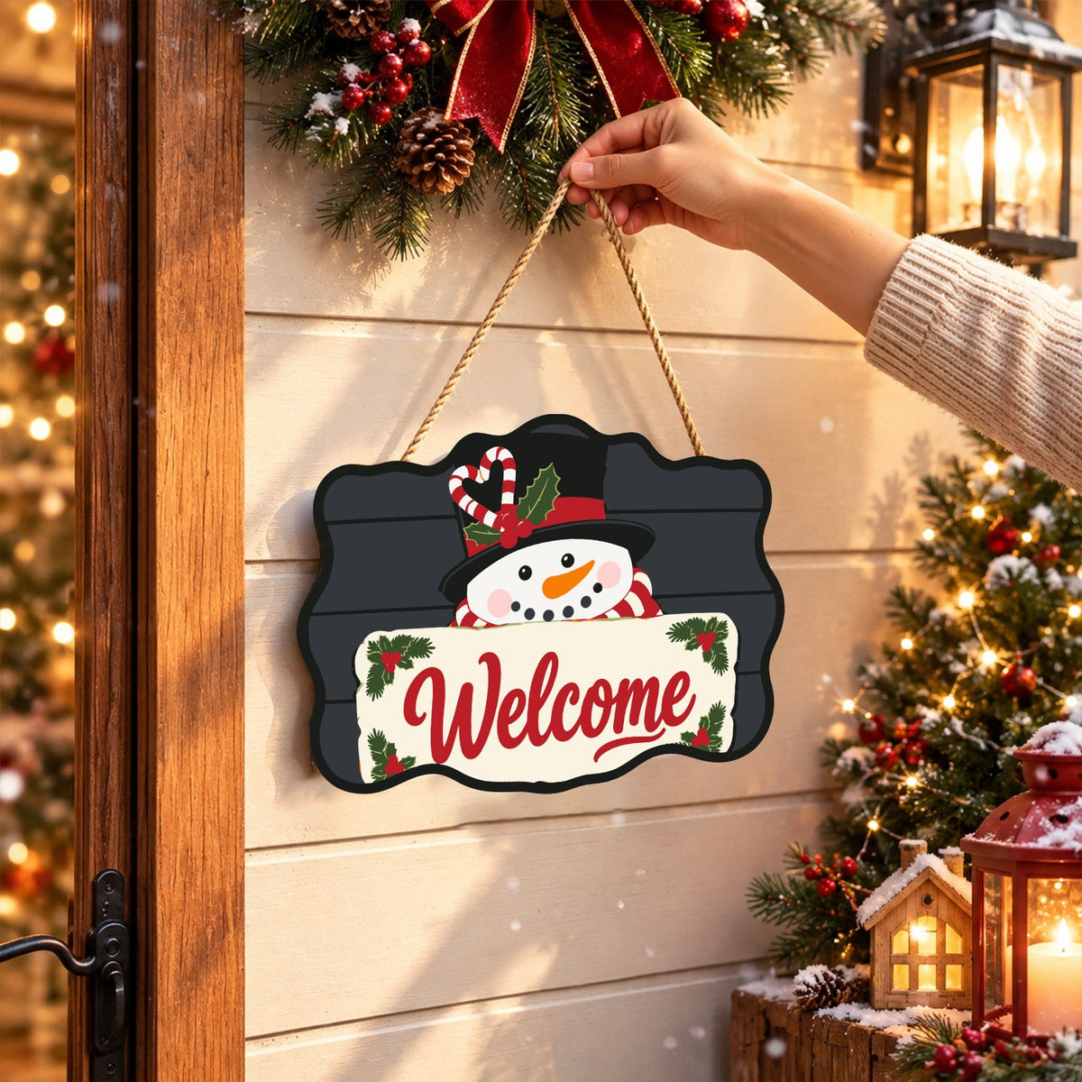 Completed wooden sign hanging by its cord indoors