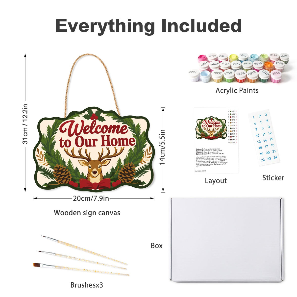 Wooden hanger kit with acrylic paints, three brushes, reference layout, stickers and box