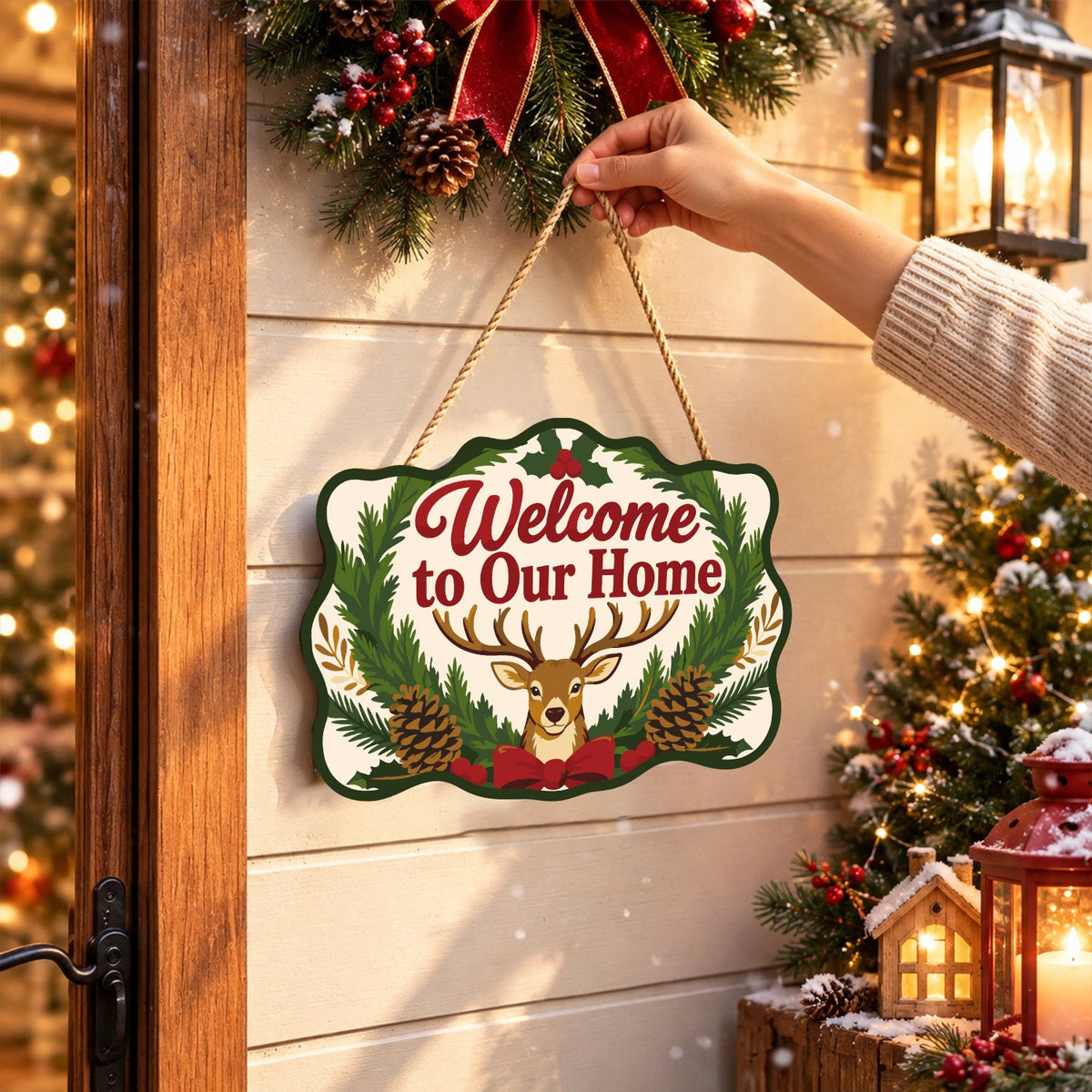 Completed wooden sign hanging by its cord indoors