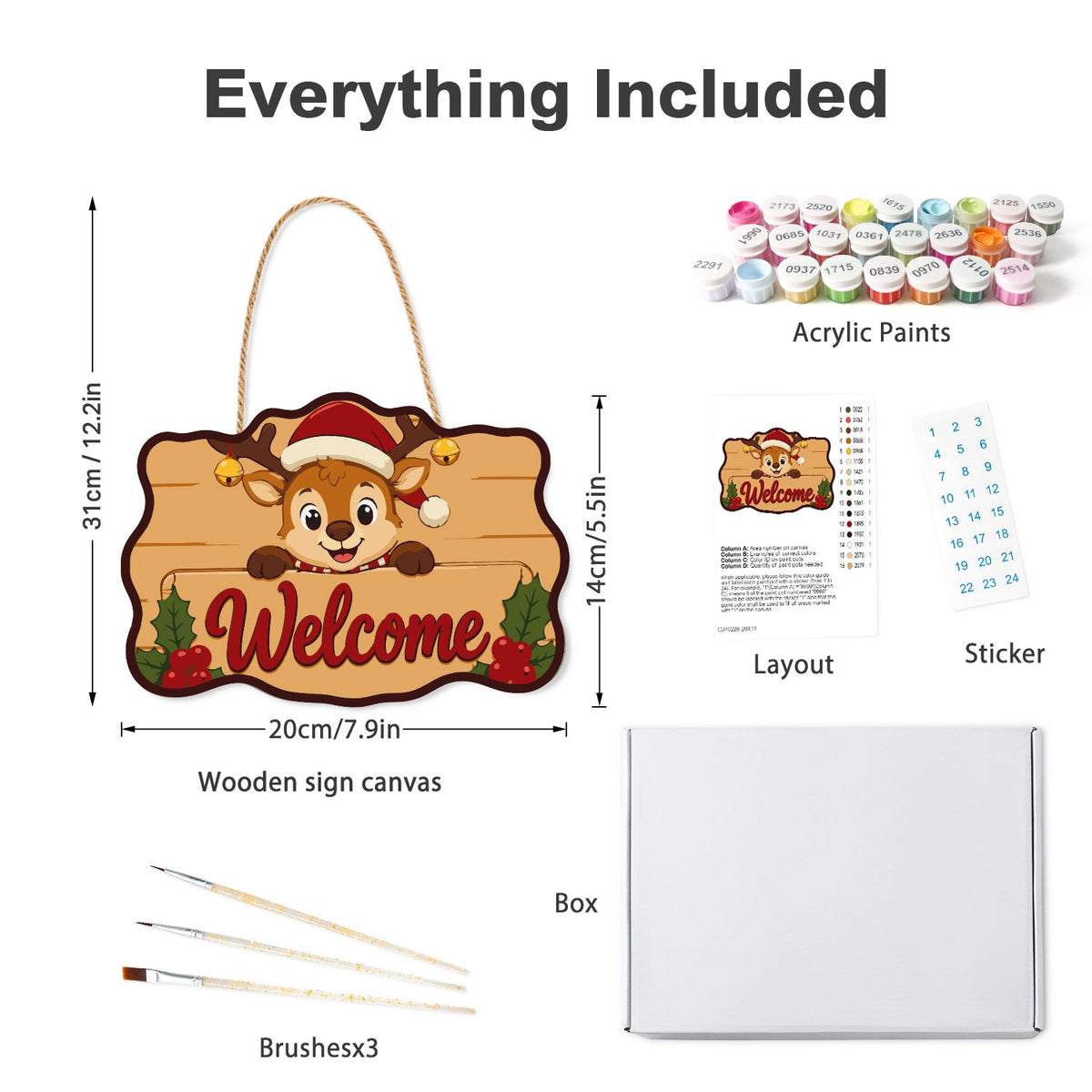 Wooden hanger kit with acrylic paints, three brushes, reference layout, stickers and box
