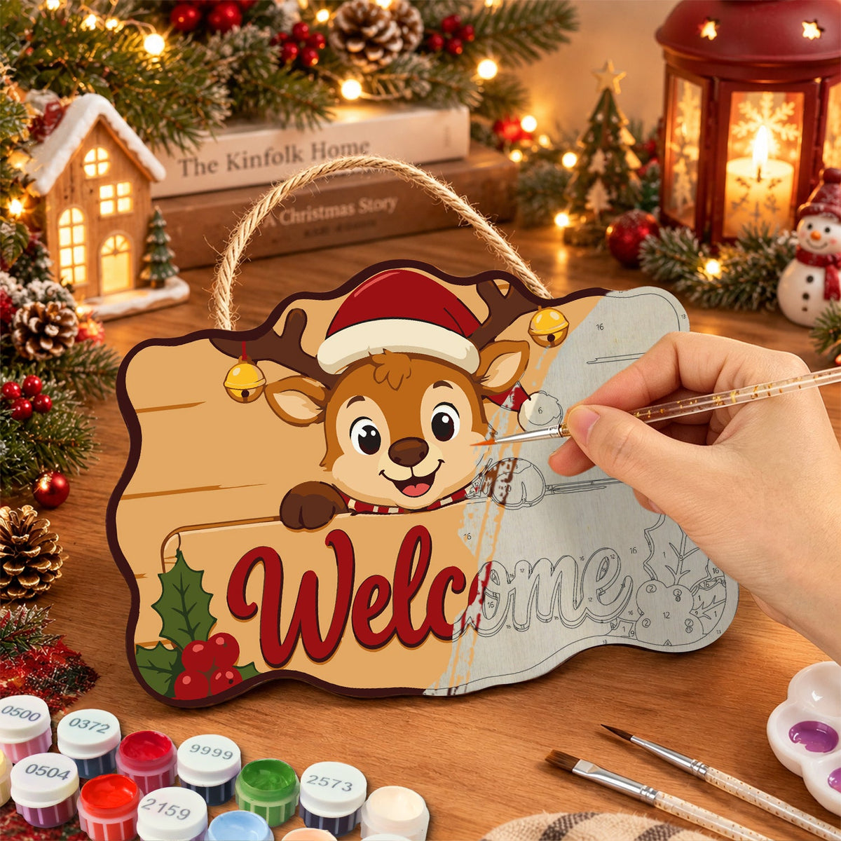 Painting the wooden sign at a festive table
