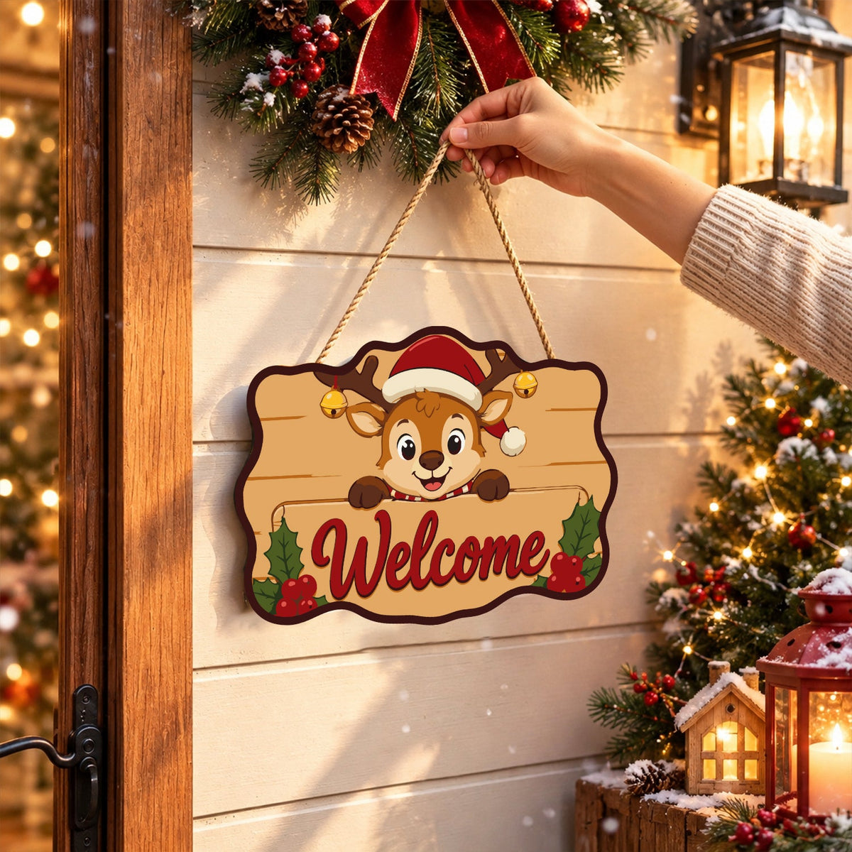 Completed wooden sign hanging by its cord indoors