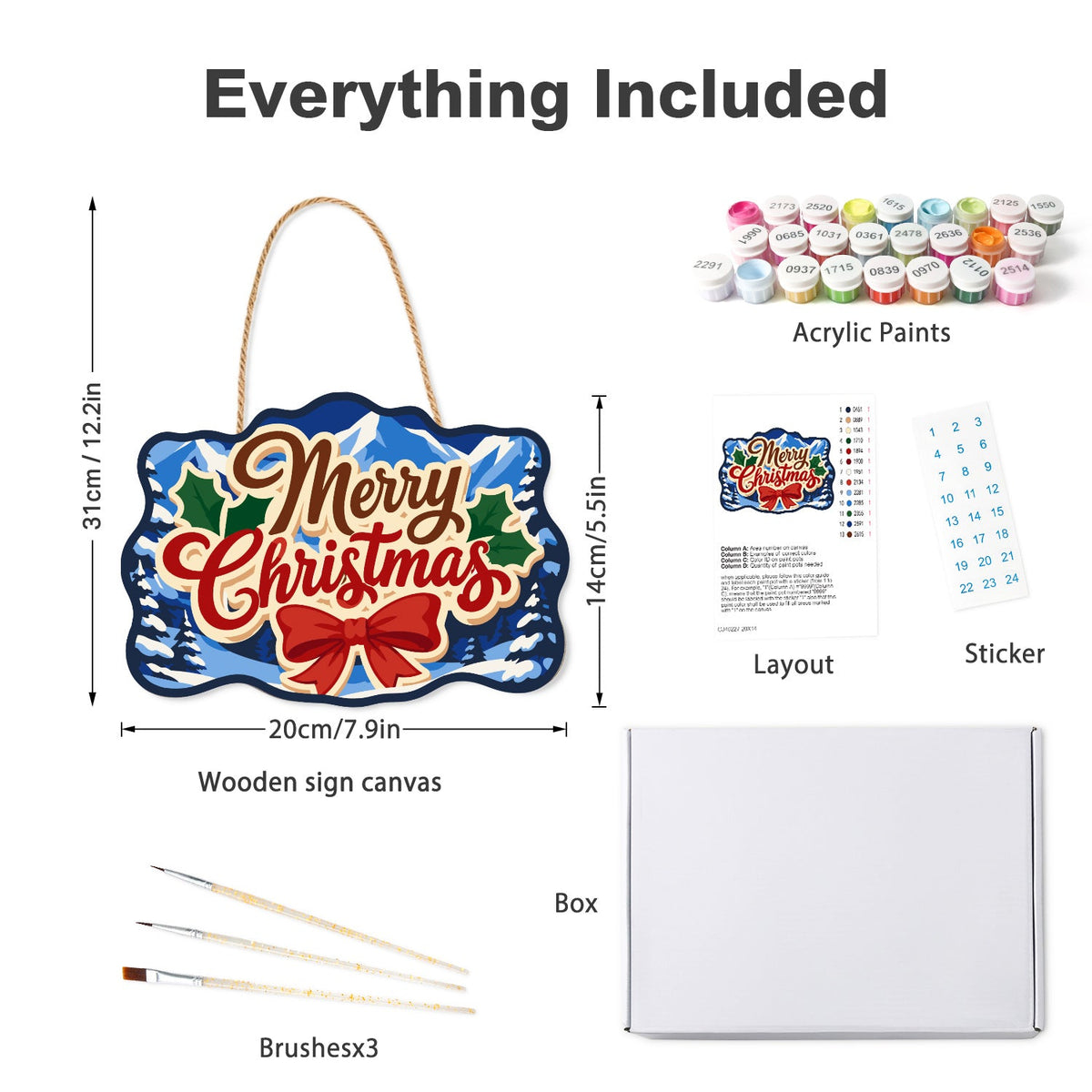 Wooden hanger kit with acrylic paints, three brushes, reference layout, stickers and box
