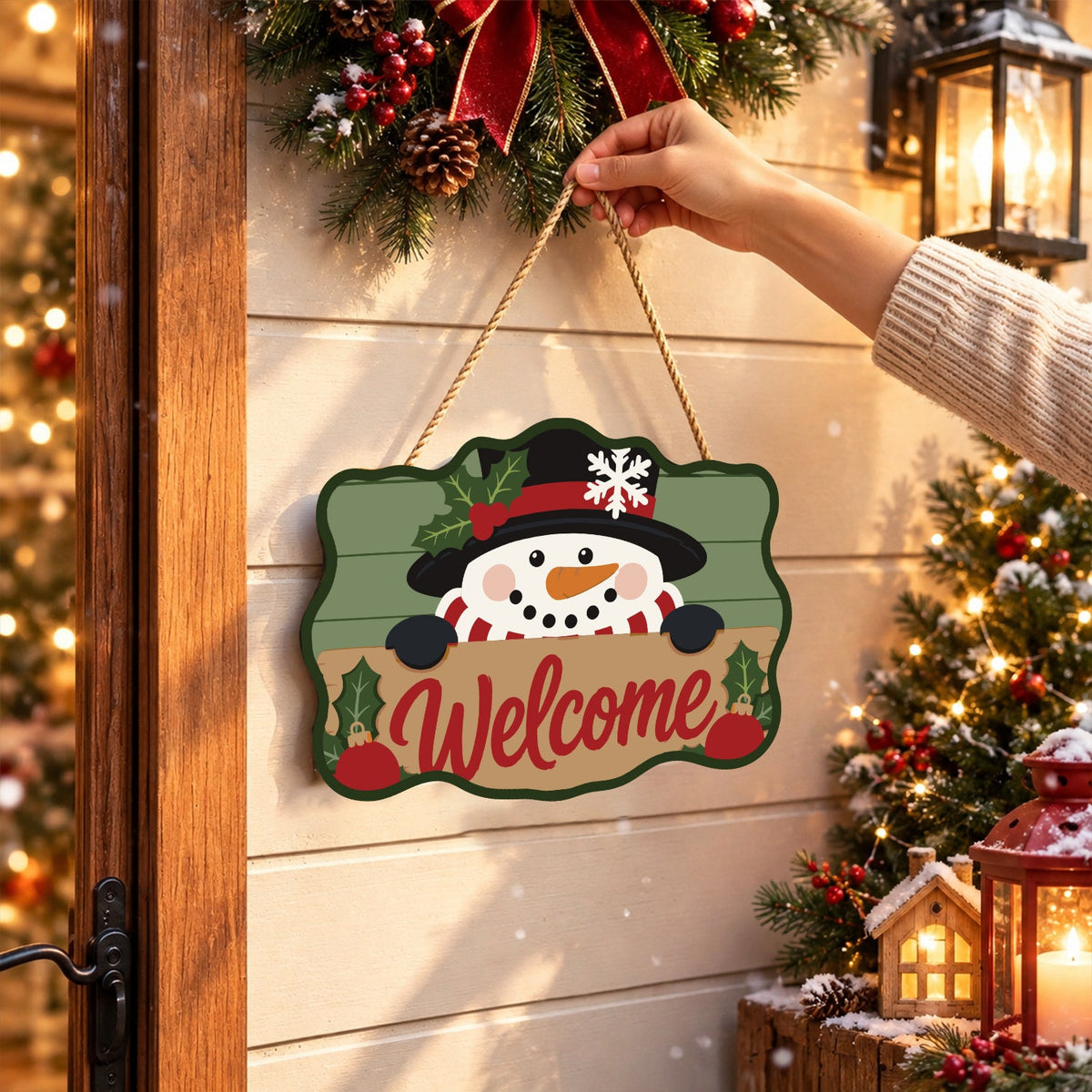 Completed wooden sign hanging by its cord indoors