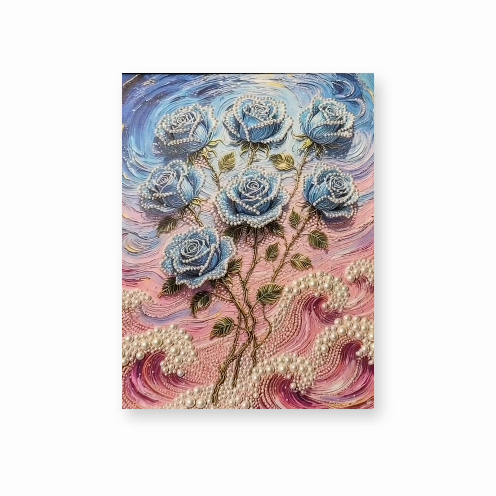Blue Roses Above Pink Pearl Waves Pearl Diamond Painting Kit