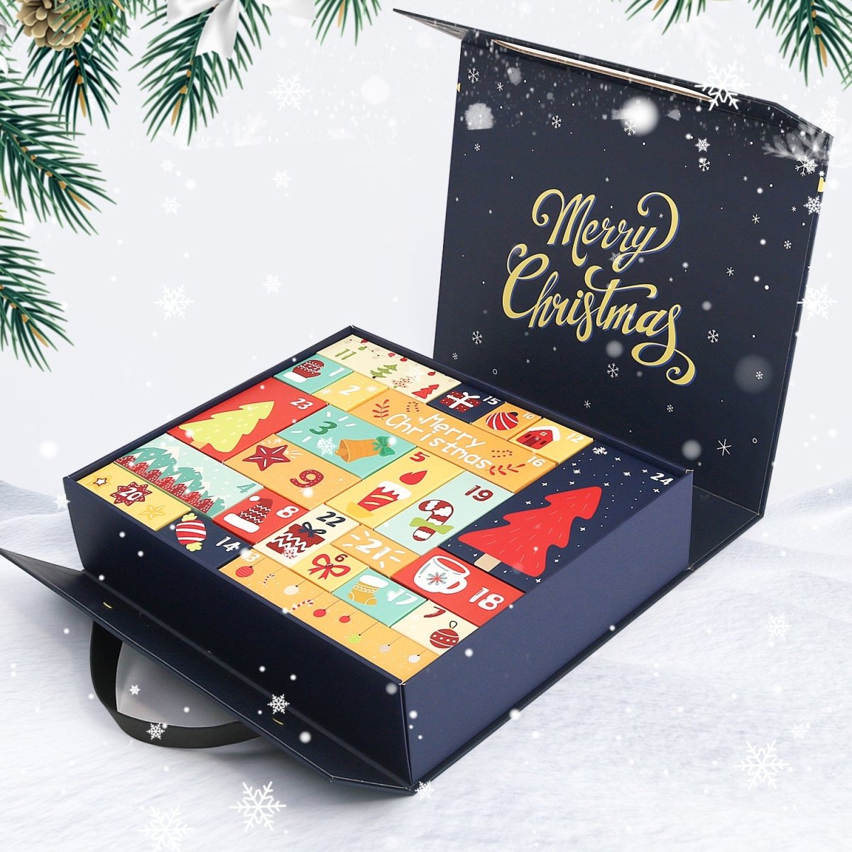 Open advent calendar with numbered drawers for Gift Box A