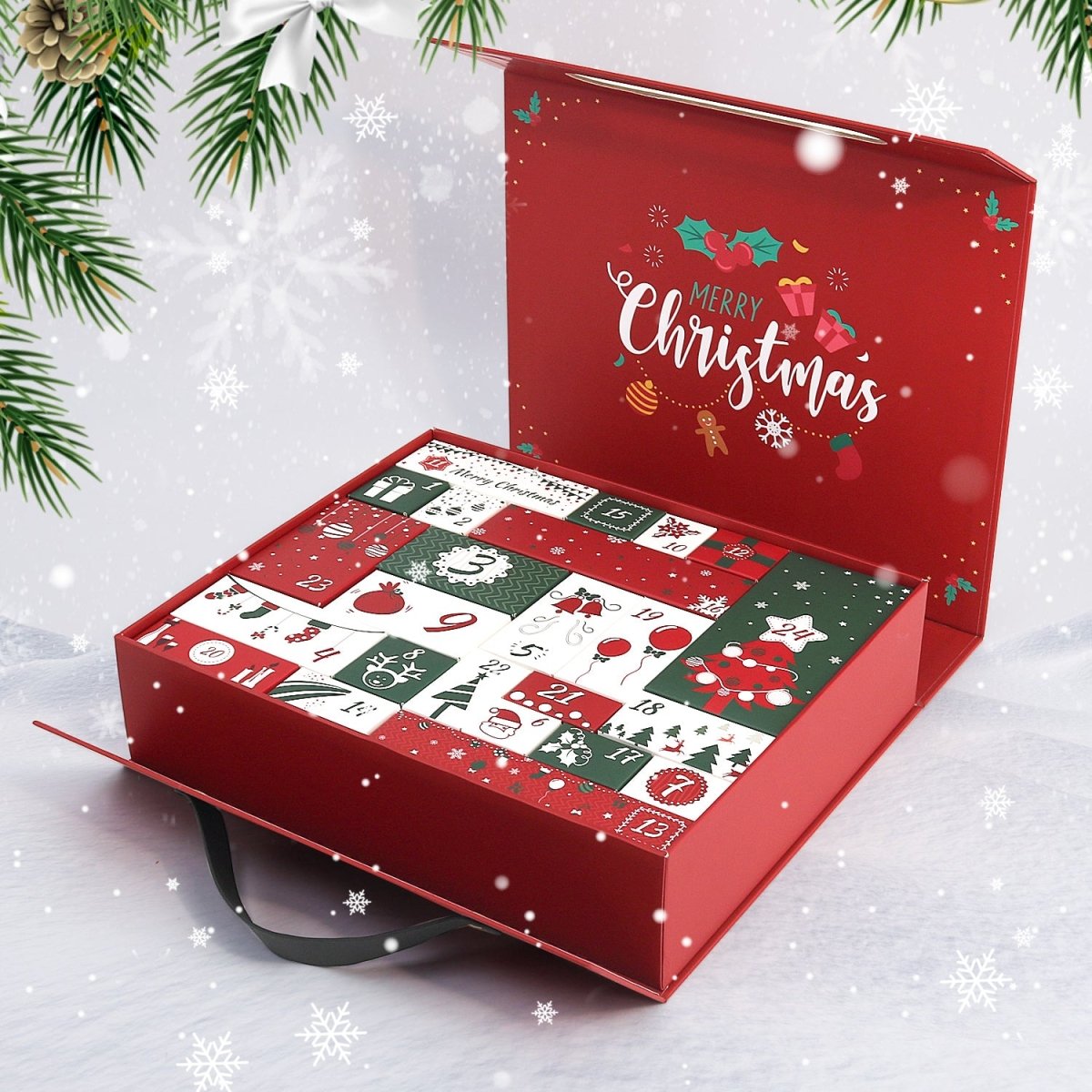 Open advent calendar with numbered drawers for Gift Box B