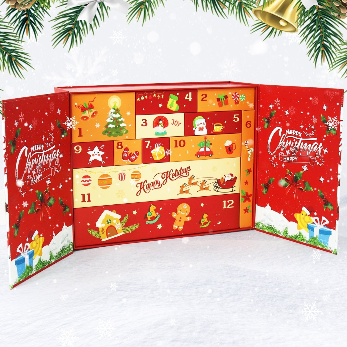 Open advent calendar with numbered drawers for Gift Box D