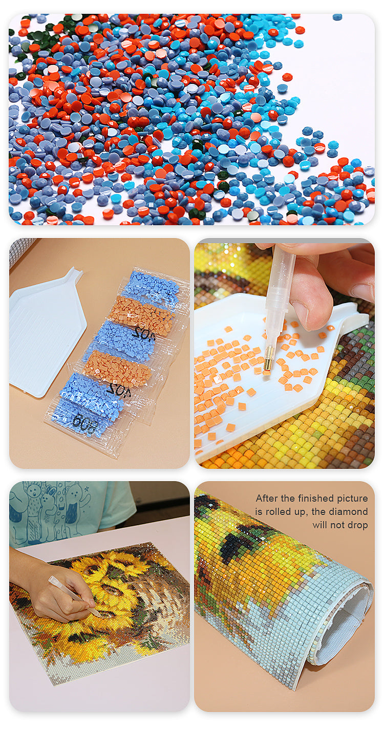 Color-coded square drill packets, white sorting tray and clear placement pen