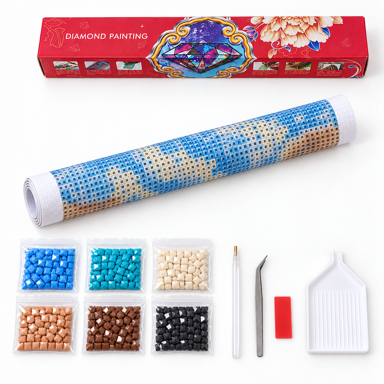 No Frame kit with rolled canvas, square drill packets, clear pen, white tray, wax pad, metal tweezers and carton