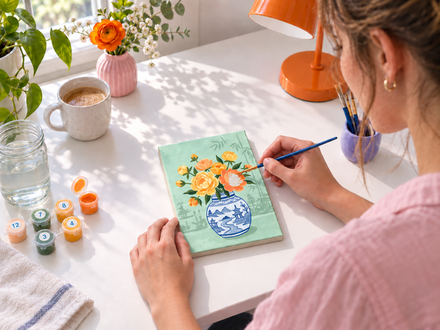 Een vrouw schildert een klein bloemenschilderij bij een raam.
