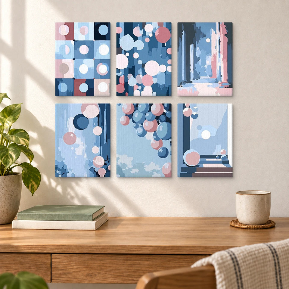 Abstract Bubbles — completed artworks displayed in a room; frames shown for styling.