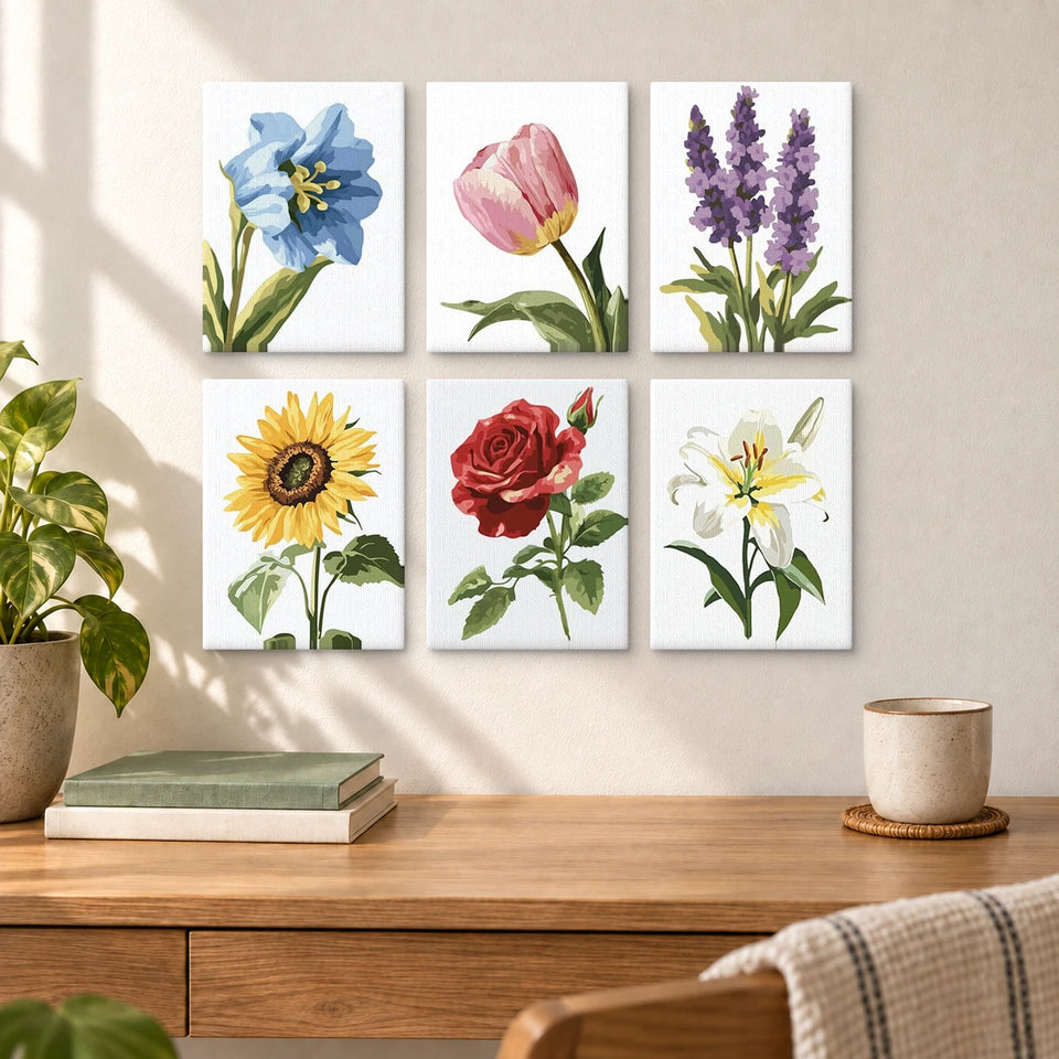 Sunny Blooms — completed artworks displayed in a room; frames shown for styling.