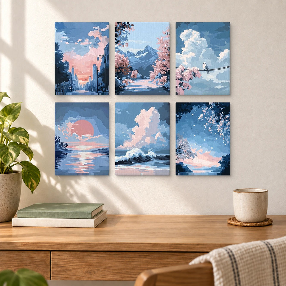 Sky Scenes — completed artworks displayed in a room; frames shown for styling.