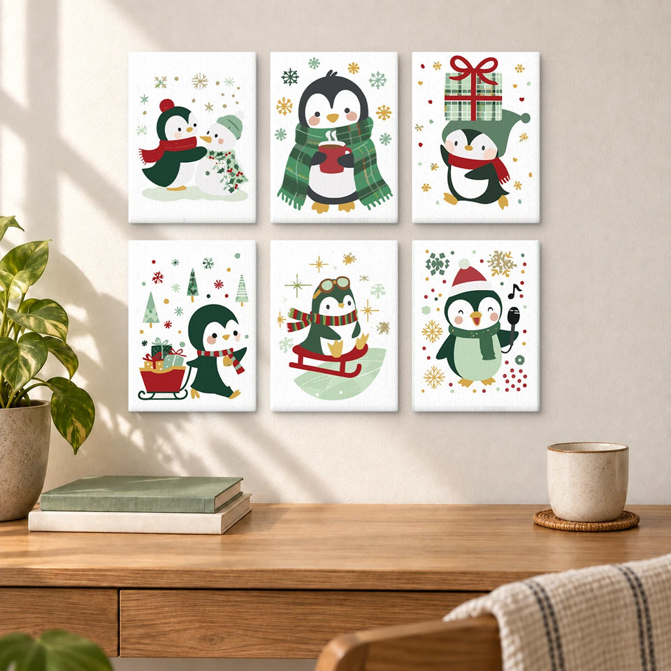 Christmas Penguins Set – Snowman Sled Gifts — completed artworks displayed in a room; frames shown for styling.