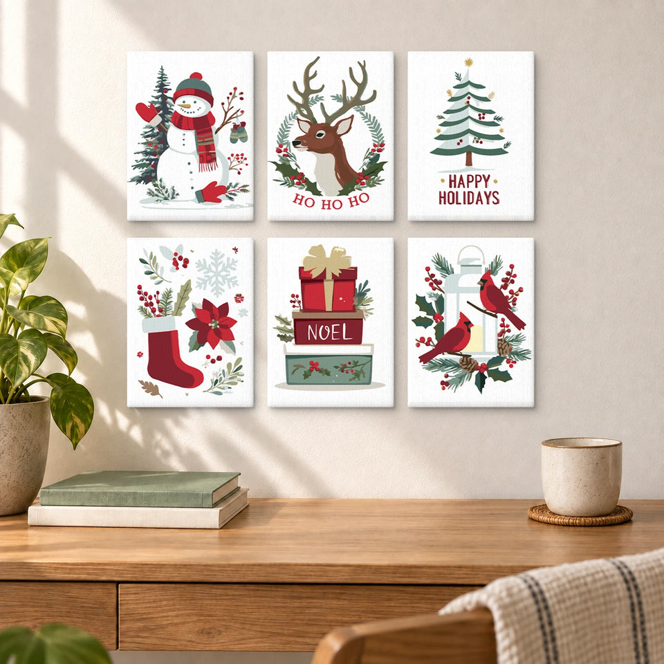 Christmas Set – Snowman Reindeer Wreath Tree Lantern — completed artworks displayed in a room; frames shown for styling.