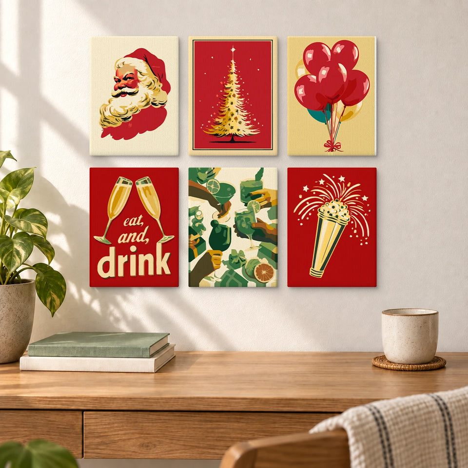 Holiday Set – Santa Tree Balloons Champagne Popper — completed artworks displayed in a room; frames shown for styling.