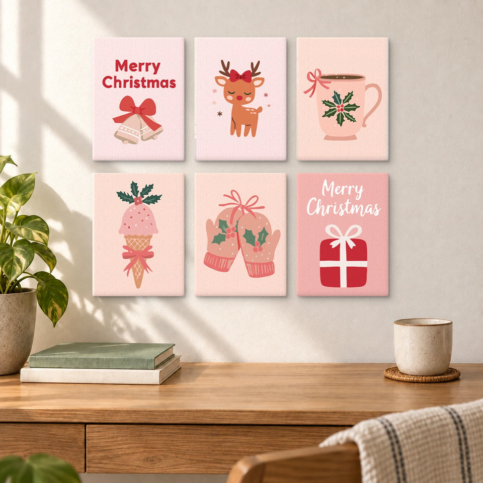 Christmas Set – Bell Reindeer Mug Mittens Gift — completed artworks displayed in a room; frames shown for styling.