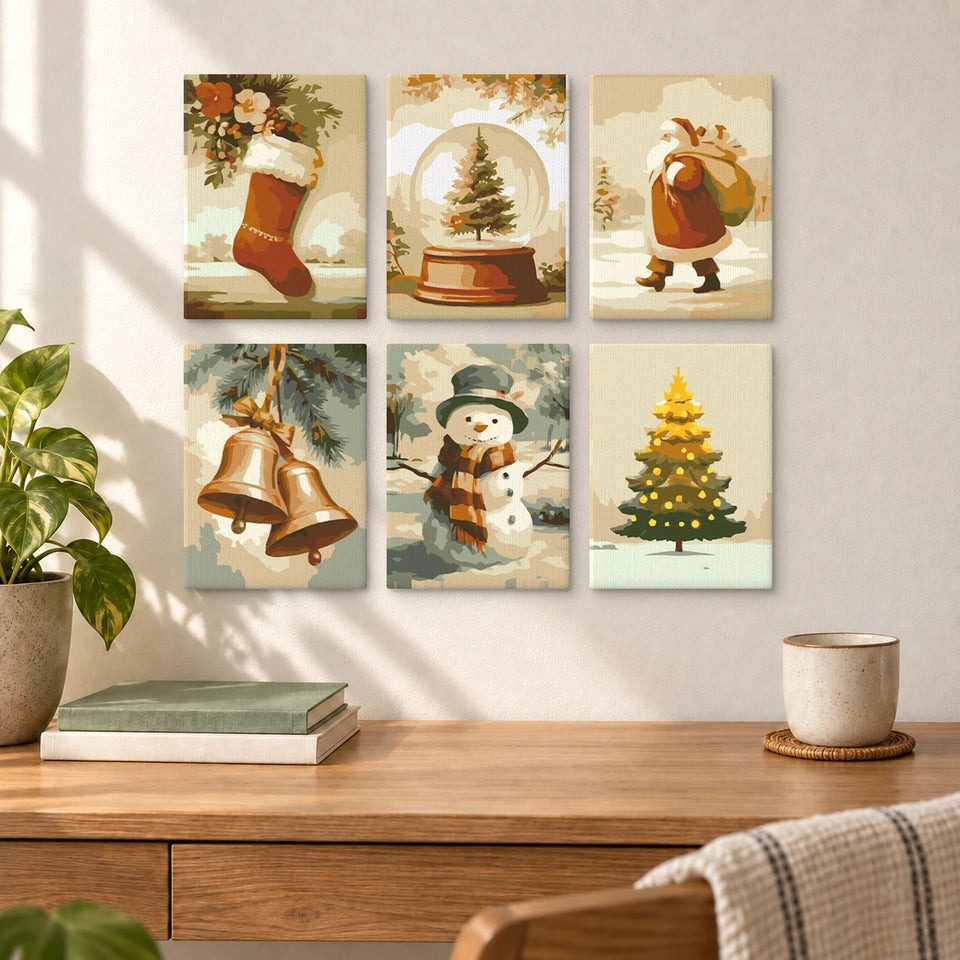 Christmas Set – Stocking Snow Globe Santa Tree — completed artworks displayed in a room; frames shown for styling.