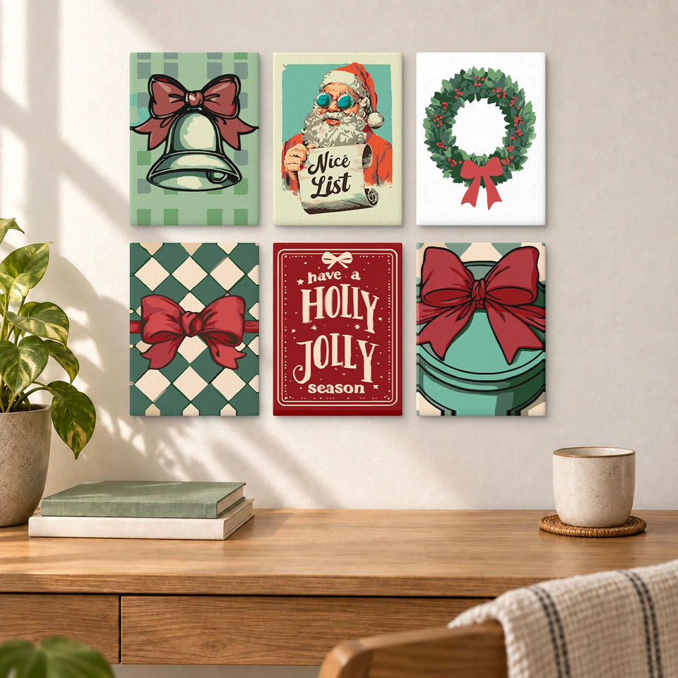 Christmas Set – Bell & Bow Santa List Wreath — completed artworks displayed in a room; frames shown for styling.