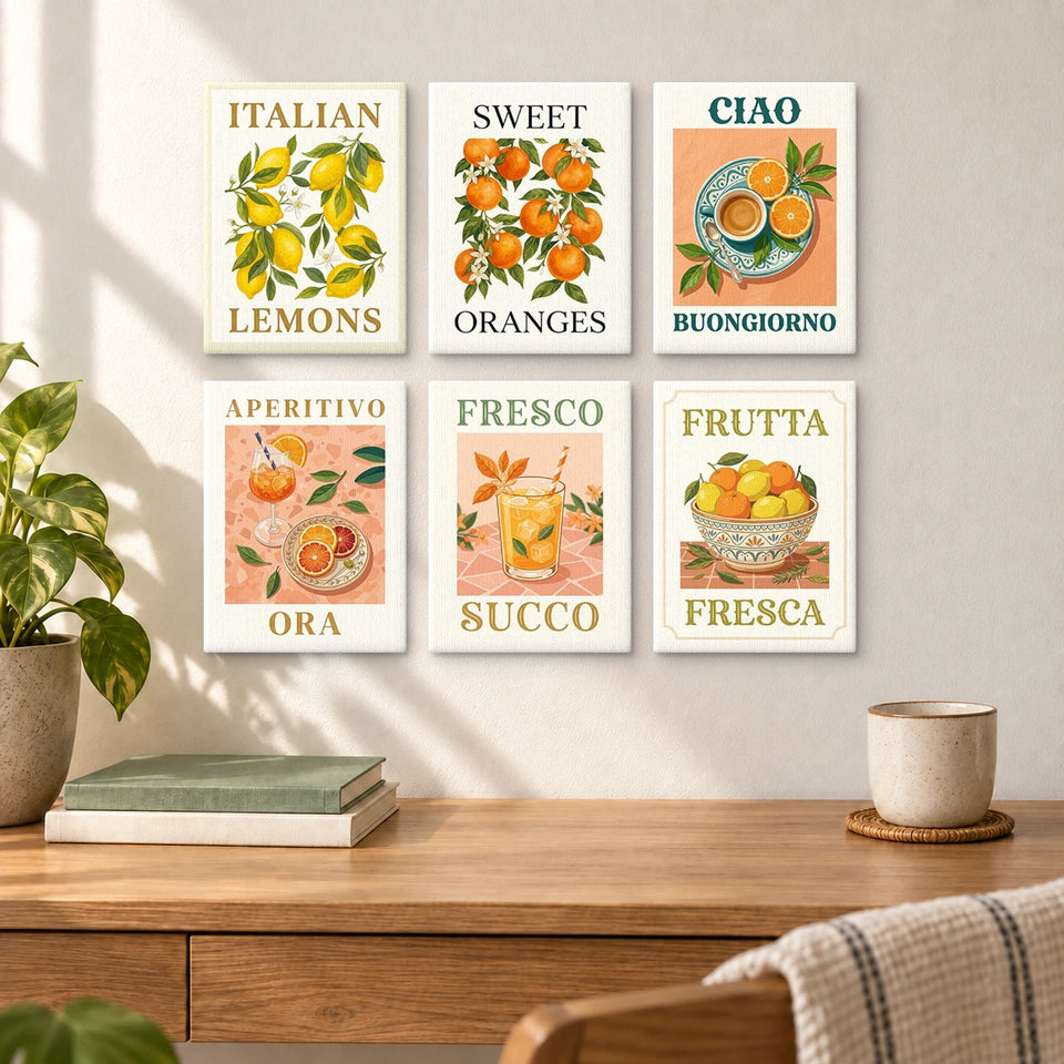 Italian Lemons — completed artworks displayed in a room; frames shown for styling.
