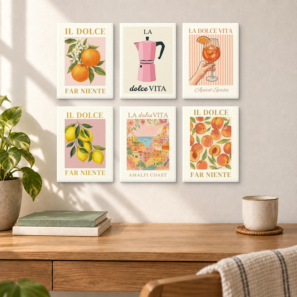 Italian Travel Posters — completed artworks displayed in a room; frames shown for styling.