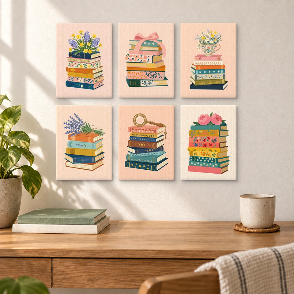 Floral Book Stacks — completed artworks displayed in a room; frames shown for styling.