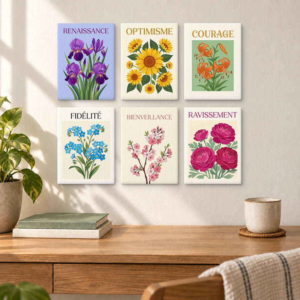 French Botanical Illustrations — completed artworks displayed in a room; frames shown for styling.