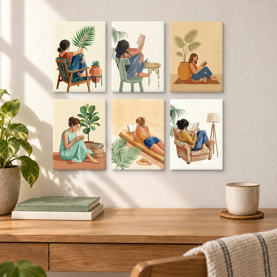 Women Relaxing Illustrations — completed artworks displayed in a room; frames shown for styling.