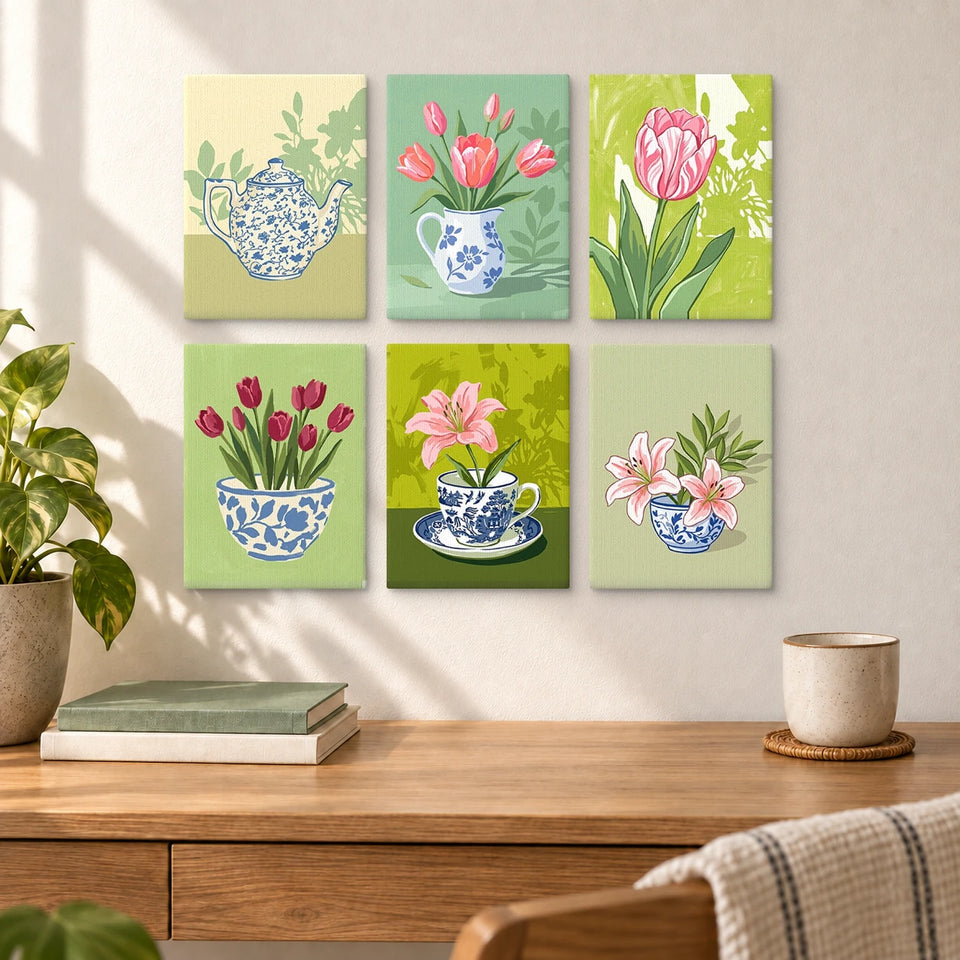 Floral Porcelain Illustrations — completed artworks displayed in a room; frames shown for styling.