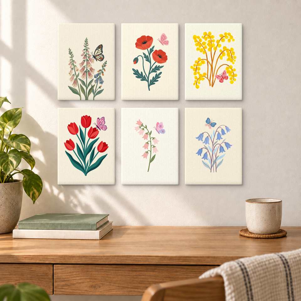 Floral Butterfly Illustrations — completed artworks displayed in a room; frames shown for styling.