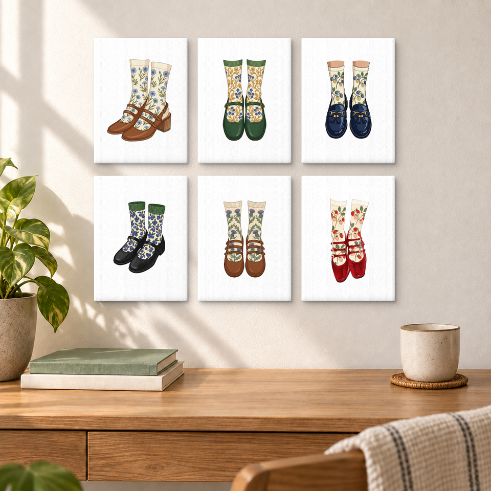Illustrated Socks And Shoes — completed artworks displayed in a room; frames shown for styling.