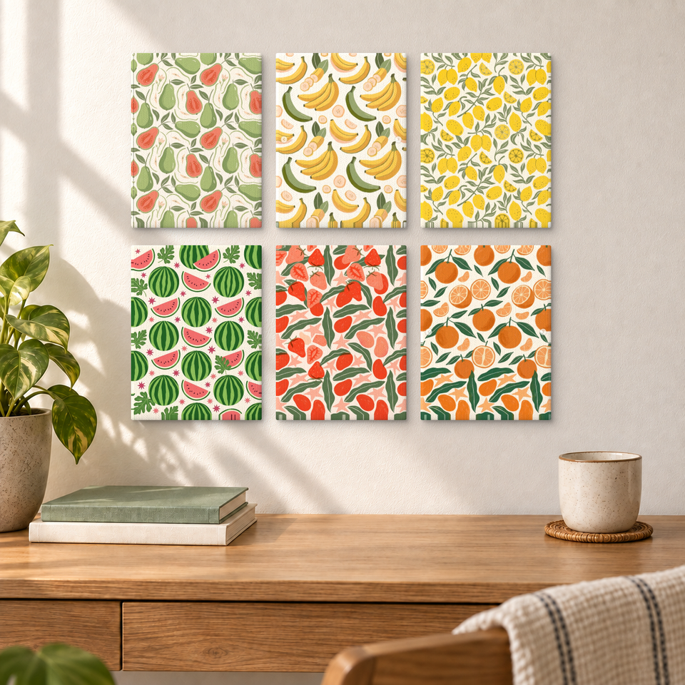 Assorted Fruit Patterns — completed artworks displayed in a room; frames shown for styling.