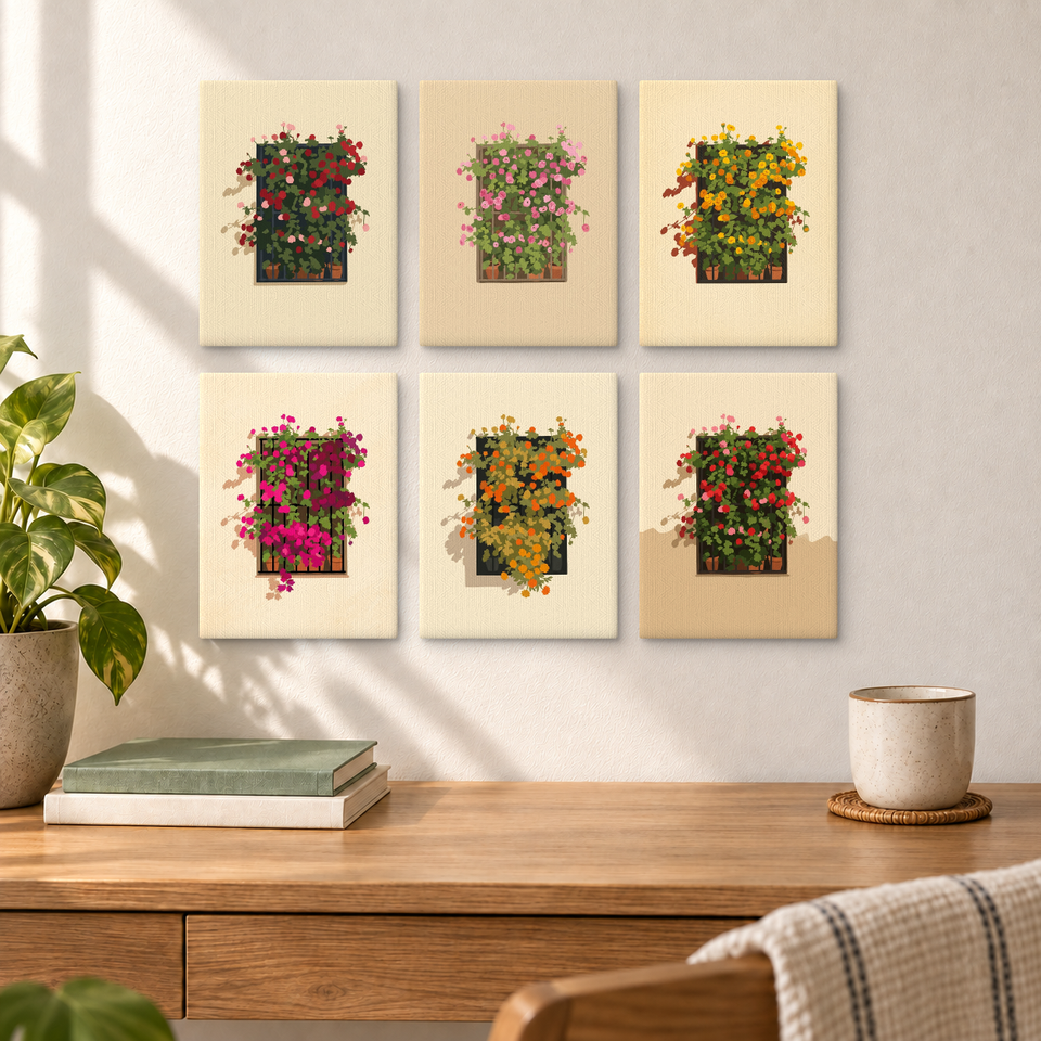 Floral Window Boxes — completed artworks displayed in a room; frames shown for styling.
