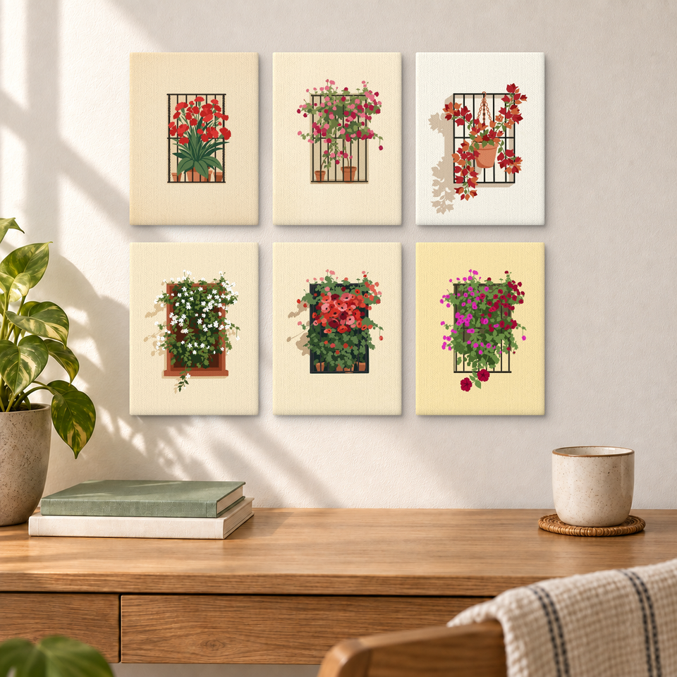 Floral Balcony Illustrations — completed artworks displayed in a room; frames shown for styling.