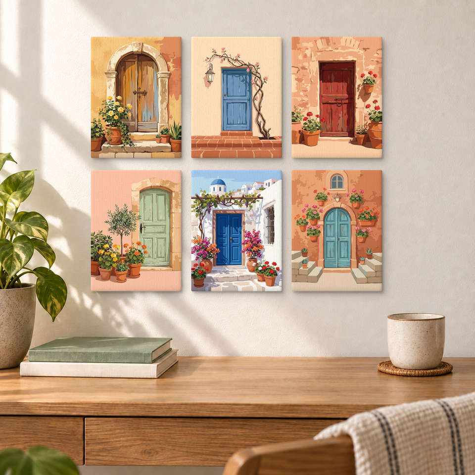 Mediterranean Doorways — completed artworks displayed in a room; frames shown for styling.