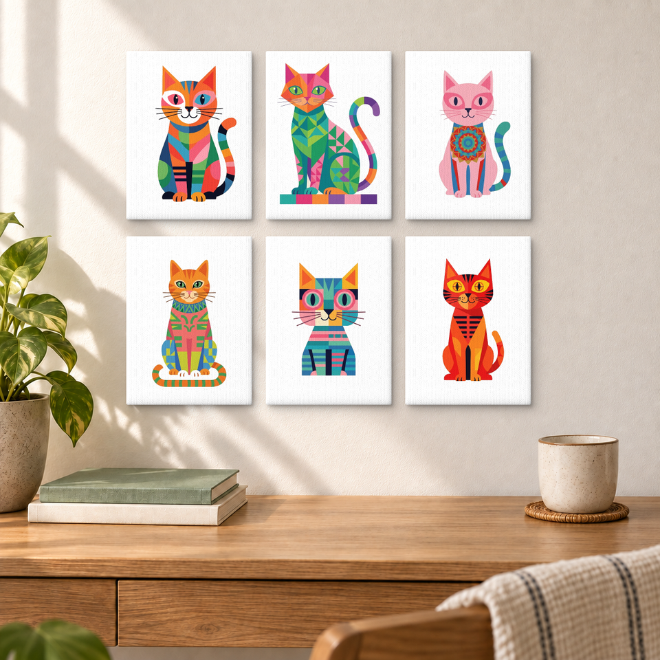 Geometric Cat Illustrations — completed artworks displayed in a room; frames shown for styling.