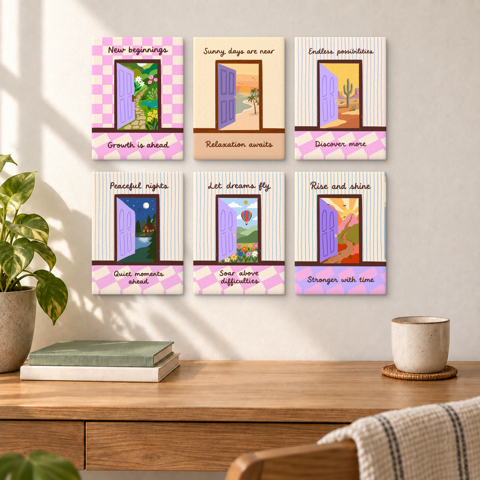 Open Door Landscapes — completed artworks displayed in a room; frames shown for styling.