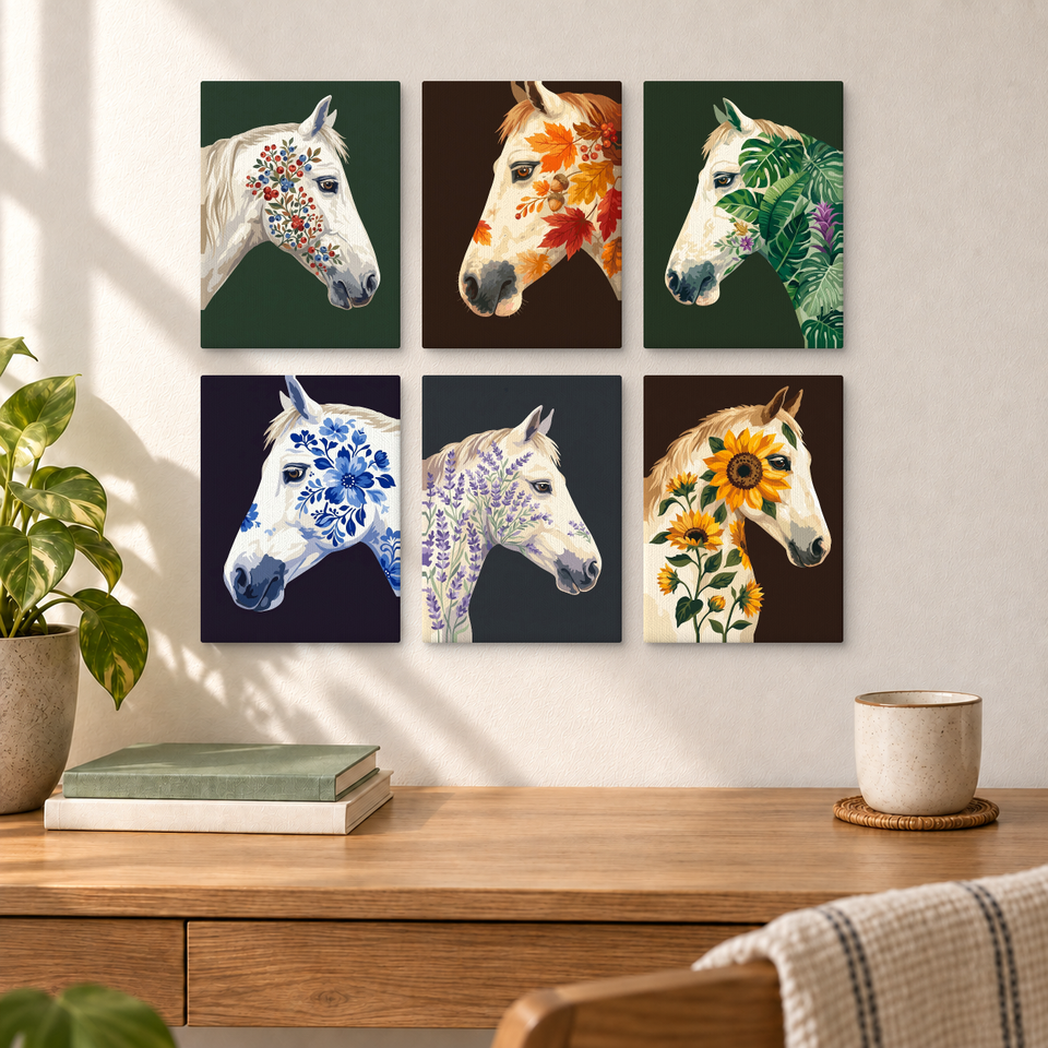 Floral Horse Portraits — completed artworks displayed in a room; frames shown for styling.