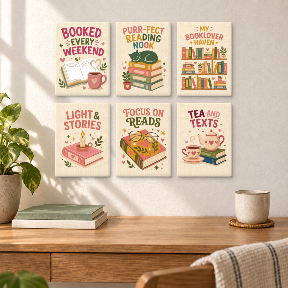 Literary Themed Posters — completed artworks displayed in a room; frames shown for styling.