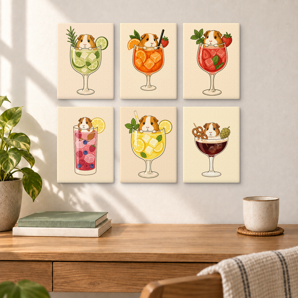 Guinea Pig Cocktails — completed artworks displayed in a room; frames shown for styling.