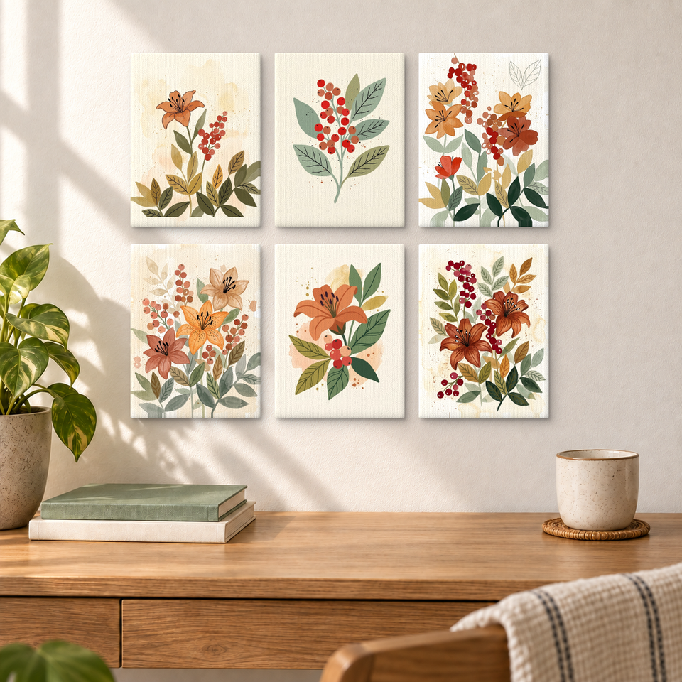 Autumnal Botanical Illustrations — completed artworks displayed in a room; frames shown for styling.