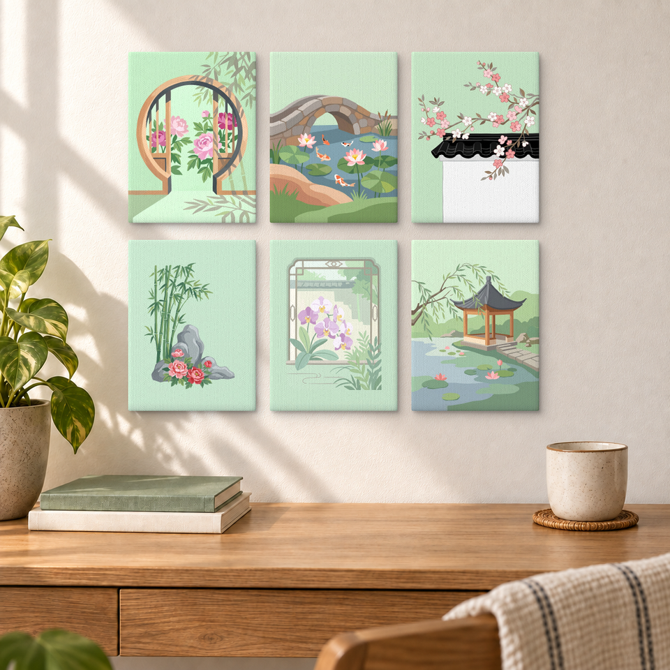 Chinese Garden Landscapes — completed artworks displayed in a room; frames shown for styling.