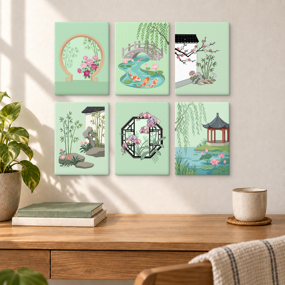 Traditional Chinese Gardens — completed artworks displayed in a room; frames shown for styling.