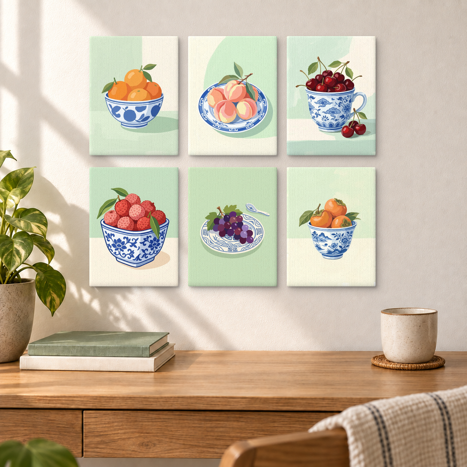 Ceramic Fruit Still Life — completed artworks displayed in a room; frames shown for styling.