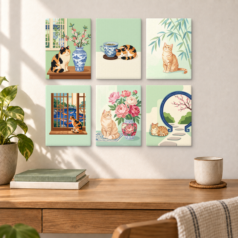 Chinese Cat Illustrations — completed artworks displayed in a room; frames shown for styling.