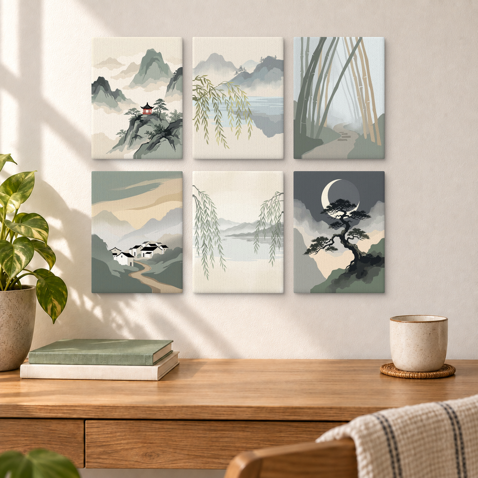 Oriental Landscape Paintings — completed artworks displayed in a room; frames shown for styling.