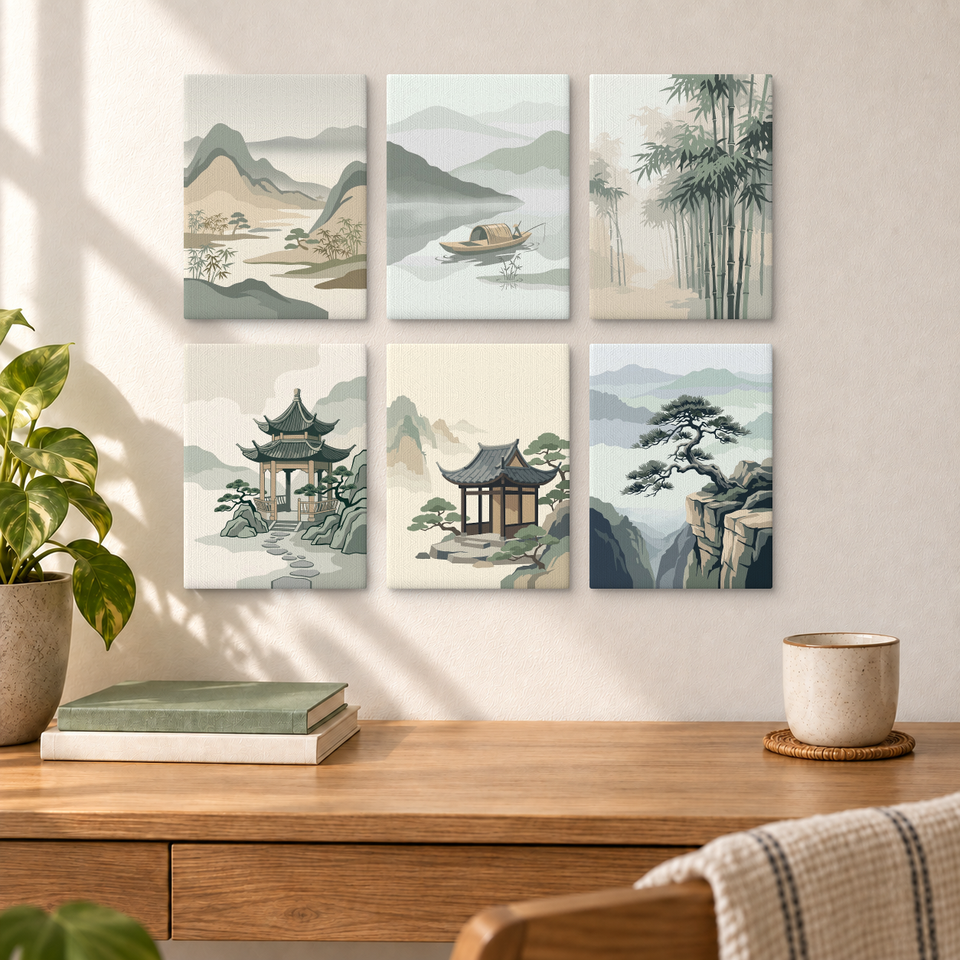 Traditional Oriental Landscapes — completed artworks displayed in a room; frames shown for styling.