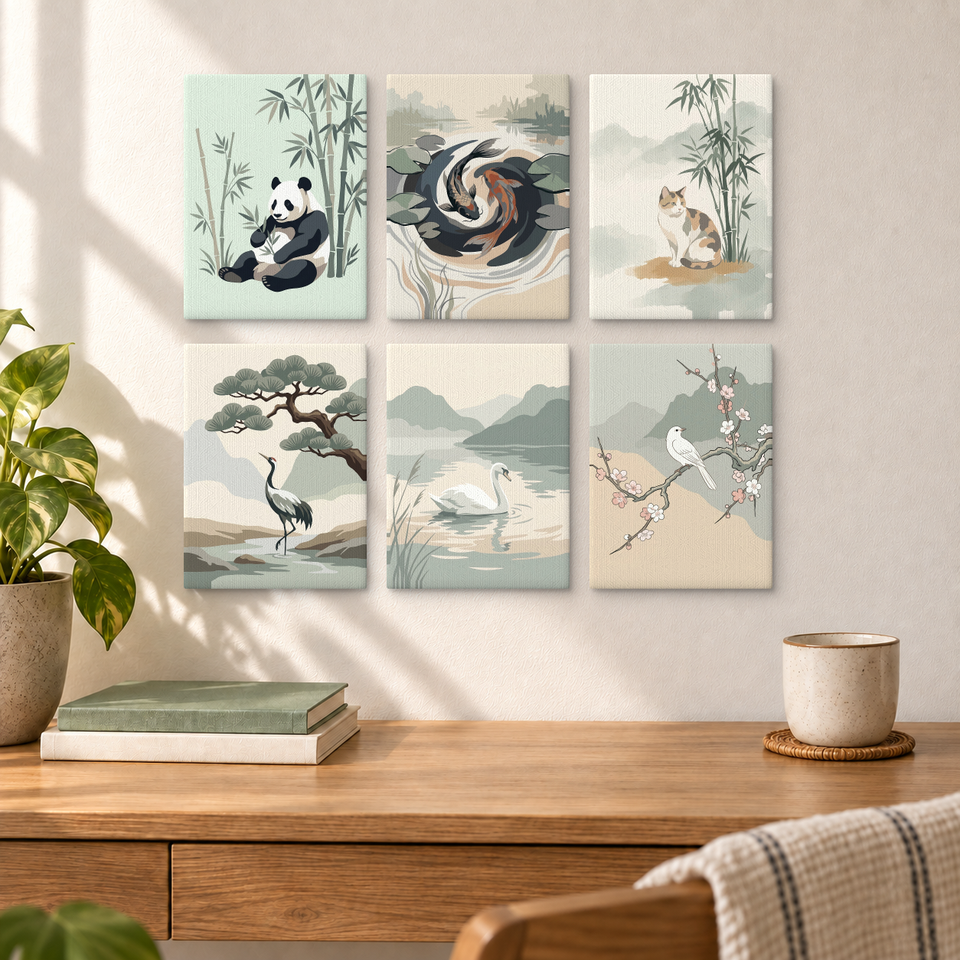 Oriental Nature Illustrations — completed artworks displayed in a room; frames shown for styling.